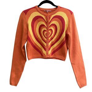 Bailey Rose Retro Heart Cropped Cardigan Sz M Orange Yellow Hippie Twee Rainbow